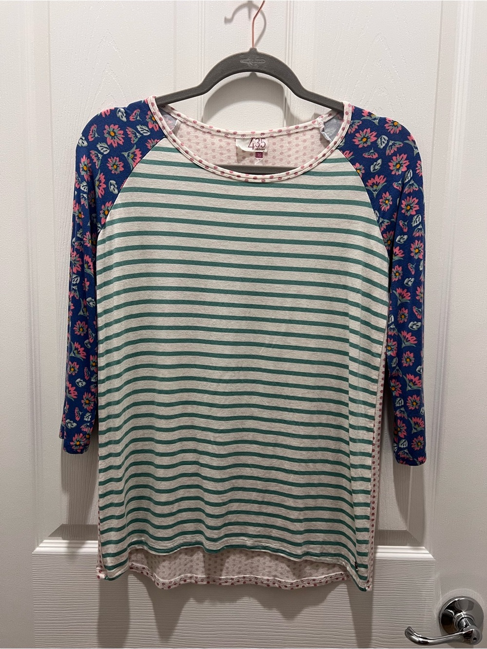 Matilda Jane 435 Raglan Top - Green Stripe with Blue Floral Sleeves